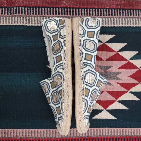 Tory Burch Cecily Embellished Espadrille Flats Sz‎ 9.5 Tan Canvas Sequin Rattan - Picture 6 of 10